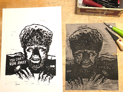 Wolf Man horror lino linocut monster print print making werewolf wolf man wolfman