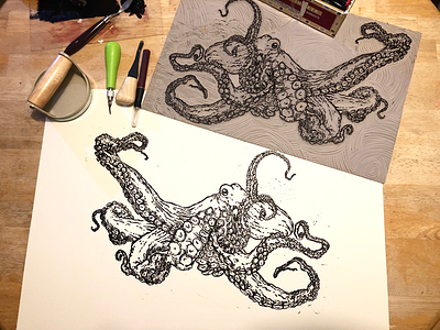 Octopus creature lino linocut octopus print print making sea life under the sea under water