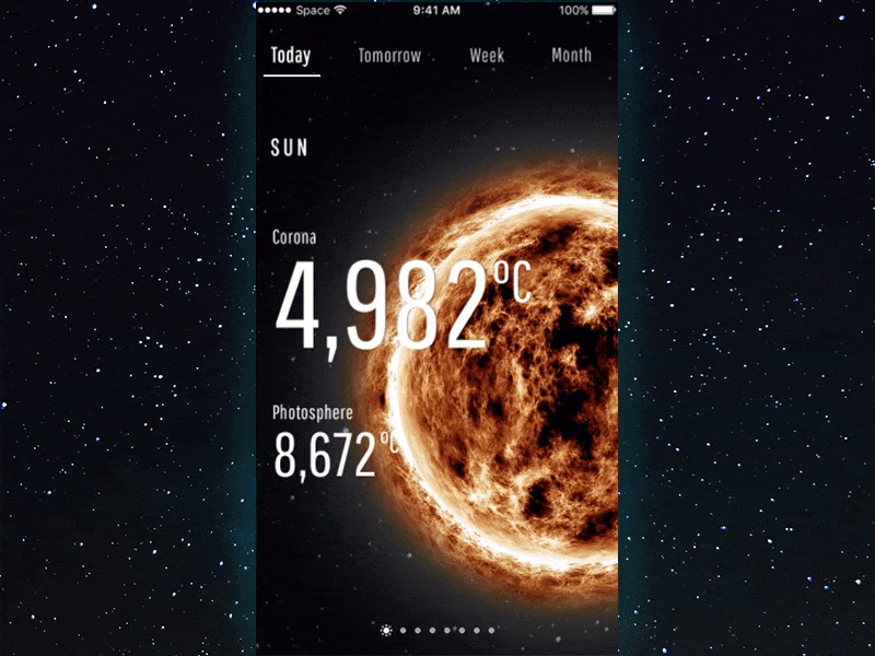 Space Weather App Concept animation future hot ios solar space stars sun system temperature ui weather