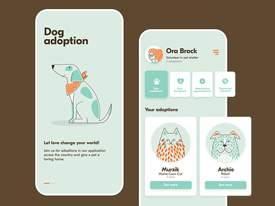 Pets adoption app adoption animals app cat clean design dog flat flat illustration illustration onboarding pets profile ui vector