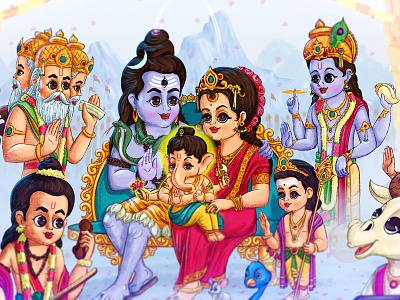 lord Shiva family cartoon illustration bestwork brahma cartoon character children book illustration digital illustration ganesh illustration lakshmi narayana peacock saraswati shiva shiva and parvati snake vishnu narayana