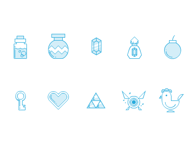 Hero's icons set adventure blue chicken design flat heart icons vector zelda