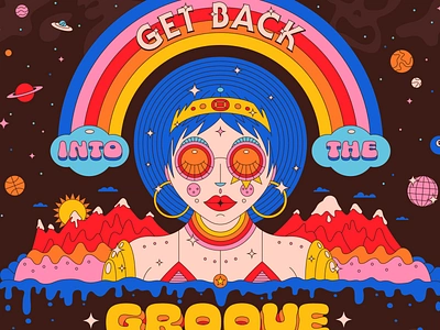 Get Outta That Funk 70s blue dripping funk funky groove hidden skull illustration mountains pink rainbow saturated space sparkles vinyl