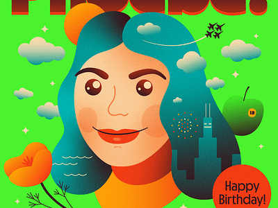 Phoebe! birthday bright color chicago clouds exclamation face gradients green illustration saturation texture