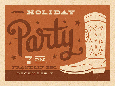 nFusion 2012 Holiday Party Invite boot brown cowboy holiday illustration invite nfusion red script texture type western