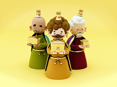 Melchor, Gaspar y Baltazar 👑👑👑 3dart baltazar c4d character design cinema4d crown diseño dorado gaspar gold melchor personajes reyes reyes magos reyesmagos