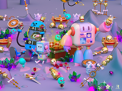 Robot friends 🤖🤖🤖🤖 3d 3dart c4d caves cinema4d cofre cool drone friends joyas robot robots tesoro treasure