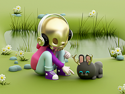 Conejo del Mictlán 🖤🐰 3dmodel bunny c4d cinema4d conejito conejo cráneo dorado flores golden lago río skull