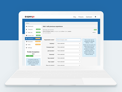 Opengo Profile editor career building platform. cv management platform recruitment platform