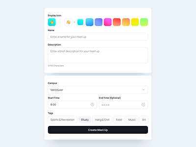 Create a Meet Up - AroundU component emoji form gradient interface minimal minimalist select sfu ui university ux webdesign