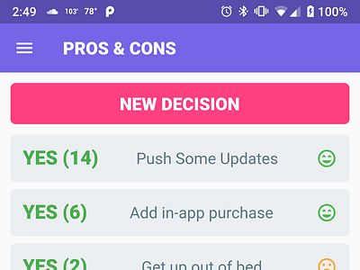 PROS & CONS Mobile App Design android app app design flutter mobile purple ui