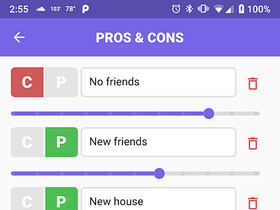 PROS & CONS Edit Screen android app app design design flutter list mobile ui purple simple slider ui