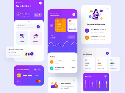 Finance App - UI Design bank app branding card credit card finance gradient illustration mobile payment product design profile transaction typography ui wallets