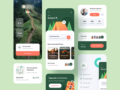 Camping App Design - UI Elements andrew app design application application design backpacker camp camping clean design detail page illustration map maps mobile pattern profile route side menu