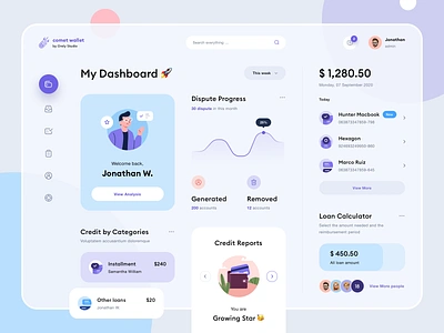 Comet Wallet - Dashboard UI Exploration account card chart credit dashboard dashboard app dashboard ui desktop dispute finance icon inbox list loan mobile money people product design wallet website