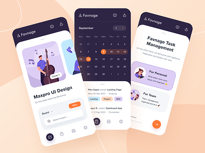 Favnage App Design - Task Management 👑 app design board calendar character cover date icon illustration ios mobile music onboarding people product design profile schedule task task management uidesign