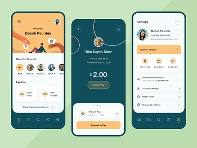 MonyetPay - App Design Exploration app app design application bank creditcard flat design friend hand history icons illustration mobile monkey pay payment people profile settings transaction typography
