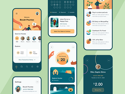 MonyetPay - App Design Exploration 🥳 app app design application bank credit card flat design friends hand history icons illustrations mobile monkey pay payment people profile setting transaction typography