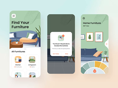 Furniture App Design - Ecommerce animation bathroom chair color picker diningroom ecommerce furniture home icons illustration kitchen livingroom mobile mobile app plant property room sofa table video