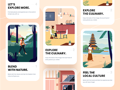 Activity - Card Illustrations 🏞 activity bali beach building character culinary culture design eat hiking holiday holiday card icon illustration nature people restaurant shopping ui website