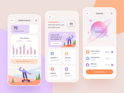 Cleaner App Design 🤘 app design application battery cache cleaner files flat gradient icon illustration ios manage memory mobile performance security setting speed typography