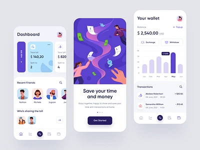 Split Bill - App Design 👌 app avatar bill payment bills character chart exchange icon illustration ios mobile mobile design payment product design split split bill topup transaction wallet withdraw