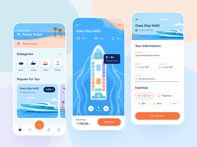 Cruise Booking App Design app app design applications beach boat booking cruise date form gulet icons illustration ios mobile name palm ship ticket ui design vacation