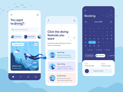 Diving App Design 😁 app booking calendar character corrals date diving family diving fish illustration ios mobile ocean sea solo diving team diving time water