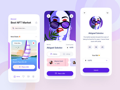 NFT Auction - Mobile Design 👍 app beach bid buy countdown crypto cryptocurrency gradient history icon illustration ios market mobile money nft sell ticket ui wallet