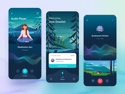 Meditation UI/UX App - illustration 🤘 activity app audio discover forrest gradient graphic design icon illustration landscape meditation mobile mount night orely relaxation trees ui mobile ux design yoga