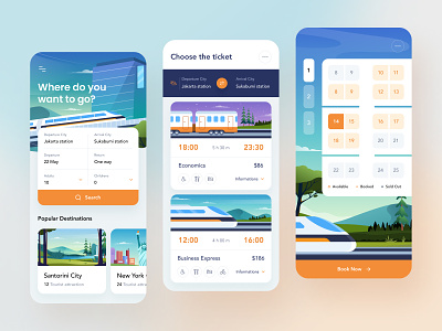 Train Booking Mobile App app application book booking business calendar city design economy express gradient icons illustration ios mobile product design seat ticket tickets train