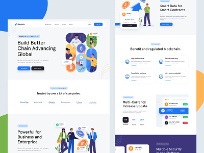 Blockchain Landing Page 🤑 bitcoin blockchain business character company cryptocurrency currency custom illustration data desktop ethereum icons illustration landing page mobile platform pricing trading usd website