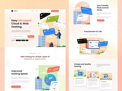 Hosting Service Landing Page Design 🤩 branding card landing page character control panel domain landing page free domain globe illustration gradient gradient illustration hosting illustration hosting landing page hosting website icon illustration imac illustration landing page server custom illustration server hosting speed website