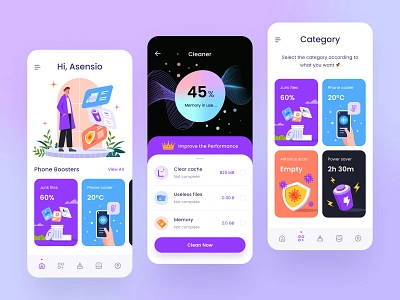 Phone Cleaner App Design v2 antivirus app application battery booster cleaner colorful dark files gradient icon illustration ios design memory mobile orely phone shield trash ui design