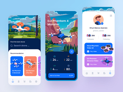 Drone Store App Design app application battery camera checkout dji phantom drone followers gradient icons illustration ios landscape mobile mountain orely profile screen store ui design wind