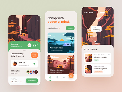 Camping Spots App Design 🏞 app application booking calendar camp camping cave forrest icon illustration ios mobile mountain place route schedule spots tree trip list ui design