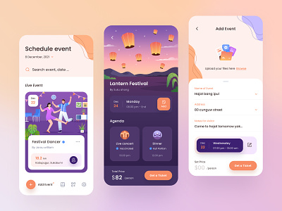 Schedule Event App Design android app application concert date dinner event festival icon illustration image ios lantern mobile orely party schedule ticket ui design upload