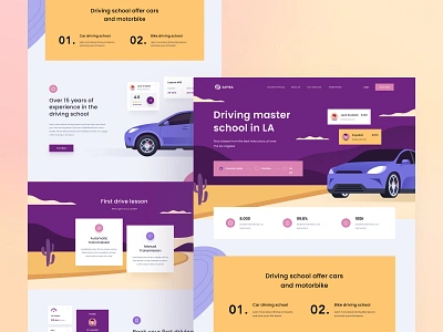 Driving School Landing Page booking car colorful desktop driver driving header hero illustration icons illustration landing page landscape orely pricing school testimonial transmission typography ui design website