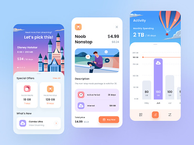 Provider Mobile App 💎 active period activity android app application balloon building character disney gradient icons illustration internet ios mobile people price provider social media ui design