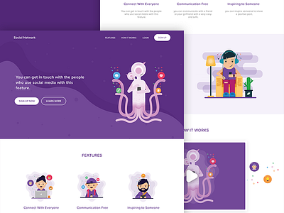 Social Network Landing Page character clean design flat flatdesign graphic illustration music ui webmockup website