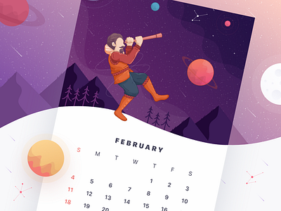 Illustration for 2018 calendar 2018 calendar card february gradient illustration inventor landscape planet print telescope