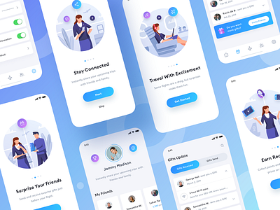 Flights App app character clean dashboard design flight gift gradient icon illustration music people plane prize share travel ui