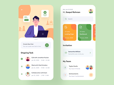 Project Management app branding card character flat icon illustration management mobile people product design project schedule task task manager toglas typography uiux work