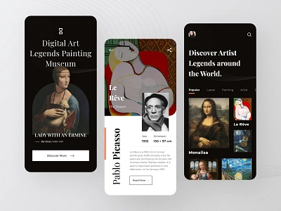 Museum Art Mobile App #Exploration app art artist clean da vinci dark design elegant image ios iphone leonardo mode monalisa museum paint painting picasso ui ux