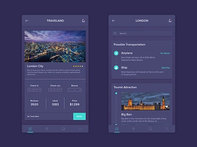 Traveland Dark Theme - Travel App app app design app travel application big ben clean dark dark theme design travel travel app travel dark