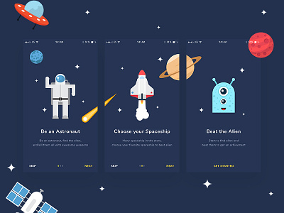 Alien Killer Games Onboarding #Exploration alien astronaut illustration illustrator ios onboard onboarding space spaceship