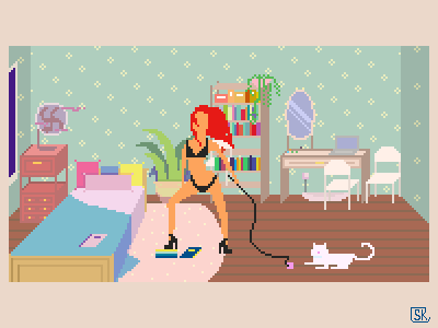 Play with Cat animation art bedroom bellaturgia cute digital art gif girl pixel room