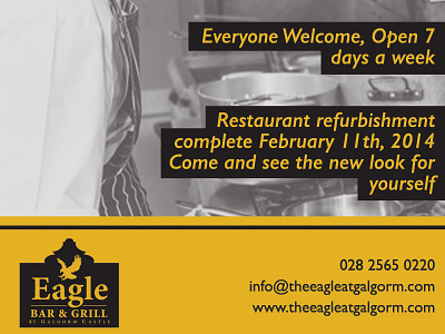 The Eagle Bar & Grill Advertisement advert advertisment brown greyscale print design yellow