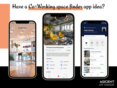Co-Working space finder app idea - Concept App UI agicent android app app design business co working co working space community create an app design digital nomad entrepreneur freelance ios app networking office remote work shared office startups ui ux