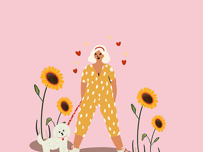 Cool Girl and Puppy cool cute design digital art dog girl heart illustration pink polka dots puppy red star sunflower sunflowers sweet white white hair yellow